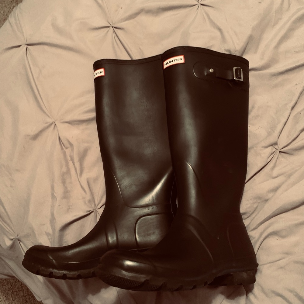 Tall matte black rain boots